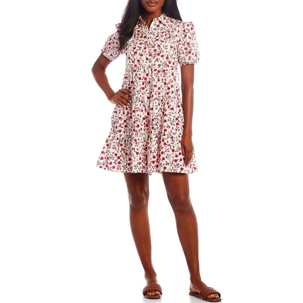 Eliza J•red roses poppy puff sleeves button tiered mini dress 6